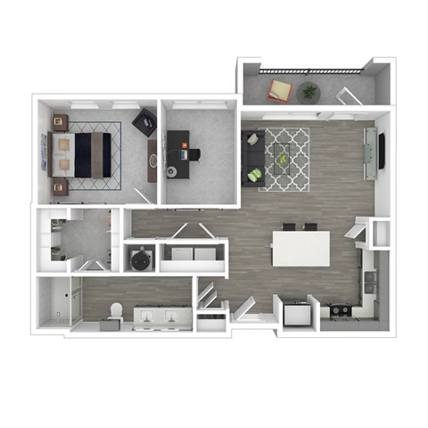 A top-down view of a small apartment layout with a kitchen, living room, and bathroom.